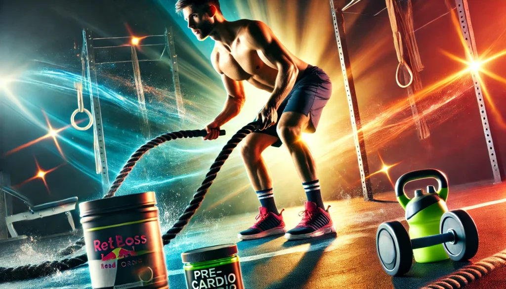 Fit athlete performing high-intensity cardio exercises in a vibrant gym, emphasizing weight loss and fat burning, with hydration bottles subtly featured in the background