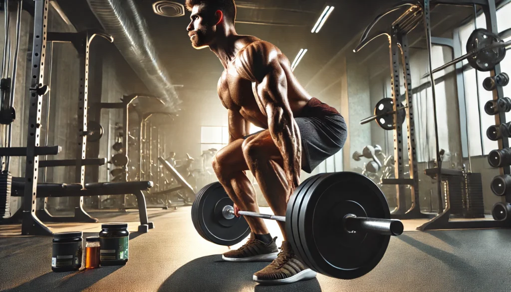 Muscular athlete executing compound exercises like deadlifts in a modern gym, highlighting muscle gain and strength building with pre-workout shakes in the background