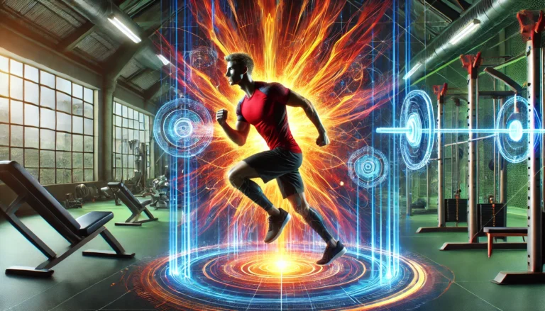 Athlete in peak physical condition performing an intense workout surrounded by vibrant energy waves, symbolizing enhanced performance and rapid recovery in a futuristic gym setting
