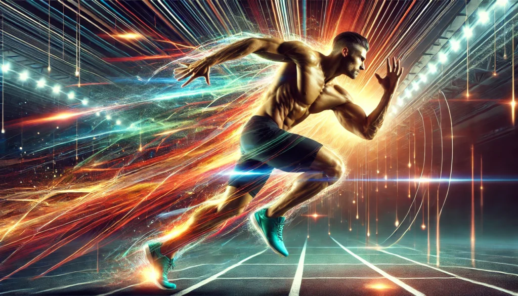 Maximize Athletic Recovery: How the Best Rated Pre Workout Drink Enhances Performance & Regeneration 1 Muscular athlete sprinting at full speed with vibrant energy trails representing enhanced endurance and quick recovery on a futuristic track