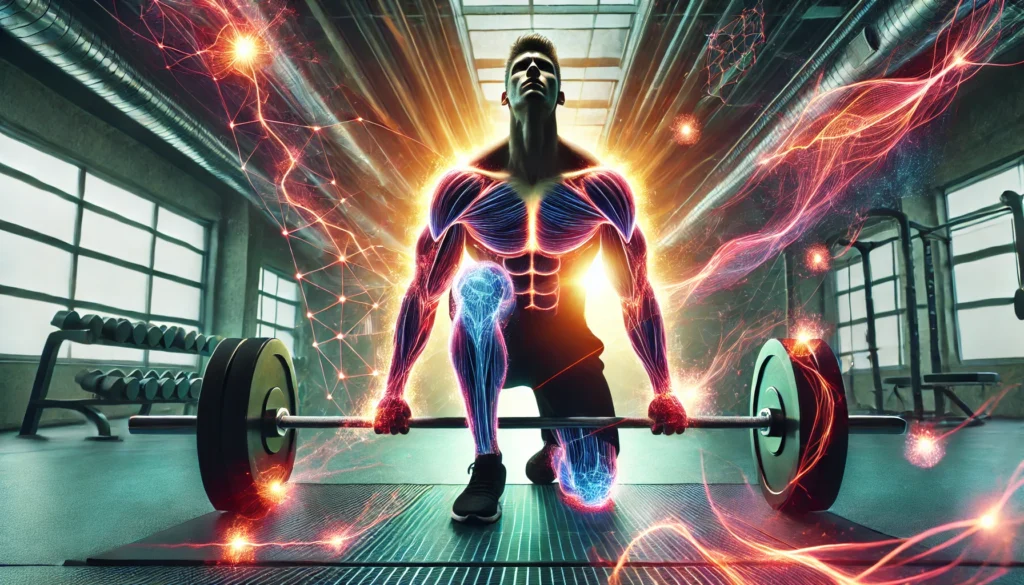 Maximize Athletic Recovery: How the Best Rated Pre Workout Drink Enhances Performance & Regeneration 2 Athlete performing an intense weightlifting session with glowing energy waves illustrating muscle regeneration and recovery in a high-tech gym environment.