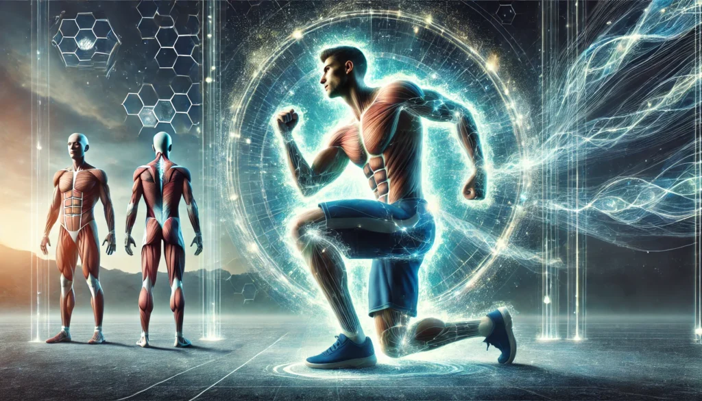 Maximize Athletic Recovery: How the Best Rated Pre Workout Drink Enhances Performance & Regeneration 3 Athlete in a post-workout recovery pose surrounded by a glowing aura, symbolizing rapid muscle regeneration and enhanced vitality in a serene, futuristic setting