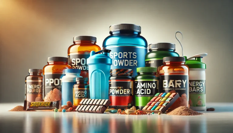 Assorted sports supplements including protein powder, amino acid capsules, energy bars, and shaker bottles arranged on a clean, minimalist surface under natural lighting