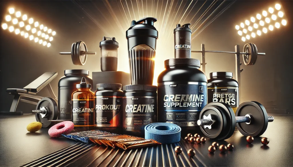 Best Supplements for Athletes: Top Choices for Optimal Recovery & Peak Performance 1 Pre-workout and post-workout supplements with athletic gear, featuring shaker bottles, protein bars, creatine containers, and energy drinks surrounded by gym equipment.