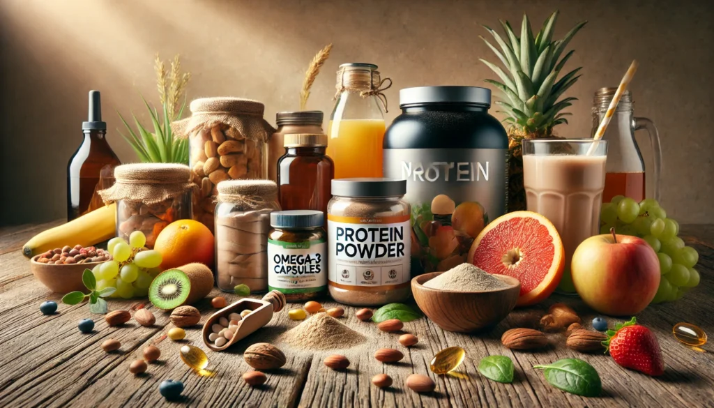 Best Supplements for Athletes: Top Choices for Optimal Recovery & Peak Performance 3 Natural supplements for athletes, including plant-based protein powder, omega-3 capsules, and organic recovery drinks, displayed with fresh fruits and nuts on a rustic wooden surface.