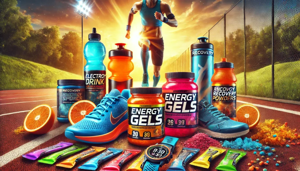 Best Supplements for Athletes: Top Choices for Optimal Recovery & Peak Performance 2 Endurance athlete supplements such as electrolyte drinks, energy gels, and recovery powders displayed outdoors with running shoes and a sports watch, capturing an energetic, active lifestyle