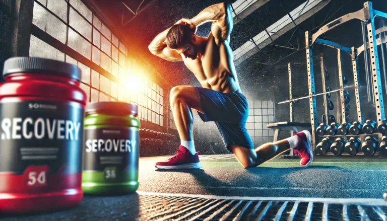 Muscular man stretching on a gym mat post-workout with supplement containers in the background, symbolizing athletic recovery and peak performance