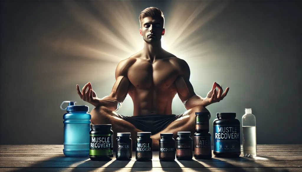 Best Supplements for Men: Enhance Athletic Recovery & Regeneration for Peak Performance 2 Man meditating post-workout with supplement jars and a water bottle around, conveying muscle recovery, mental regeneration, and peak performance