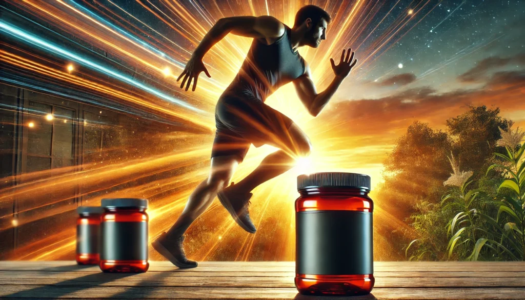 Best Supplements for Men: Enhance Athletic Recovery & Regeneration for Peak Performance 3 Man sprinting outdoors at sunrise with supplement containers in the foreground, showcasing athletic performance, energy regeneration, and recovery