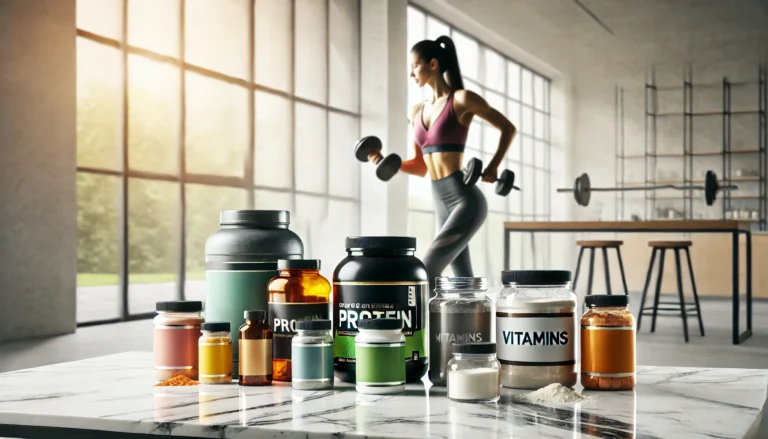 Organized supplement containers including protein powder and vitamins on a marble countertop with a fit woman lifting dumbbells in the background, symbolizing muscle building for women.