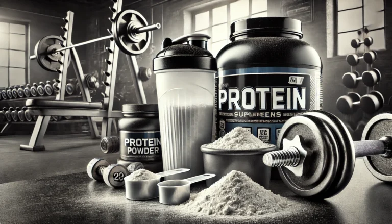 Protein powder containers with a shaker bottle and measuring scoops on a gym bench, surrounded by fitness equipment, emphasizing essential bodybuilding supplements