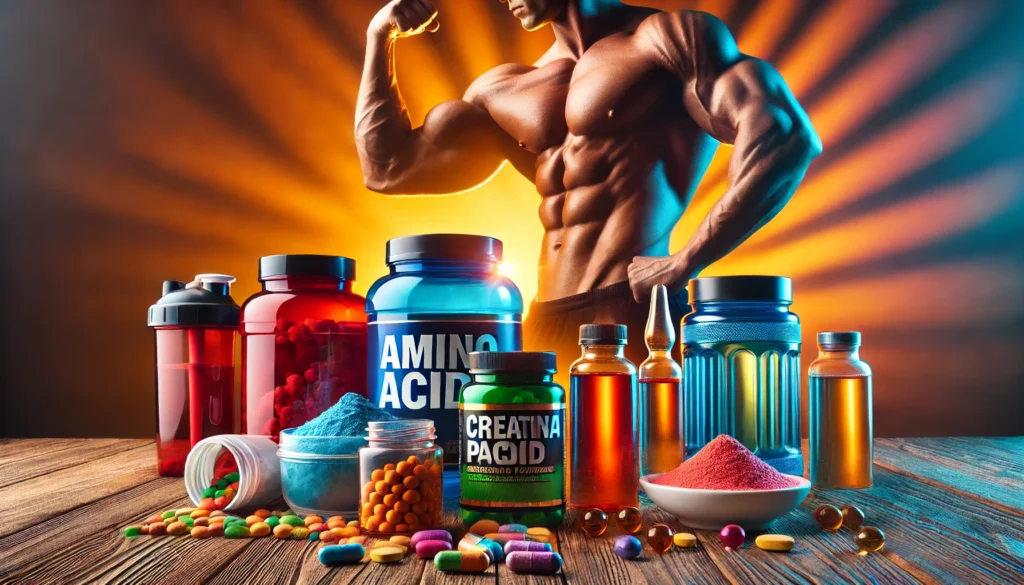 Essential Supplements for Bodybuilding: Unlock Peak Performance & Faster Recovery 1 Variety of bodybuilding supplements including amino acid capsules, creatine powder, and pre-workout boosters on a wooden table with a muscular silhouette in the background