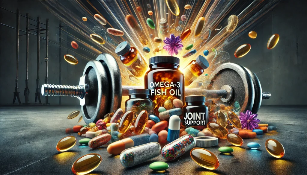 Essential Supplements for Bodybuilding: Unlock Peak Performance & Faster Recovery 2 Omega-3 fish oil capsules, multivitamins, and joint support supplements placed beside dumbbells on a gym floor, highlighting overall health and recovery in bodybuilding