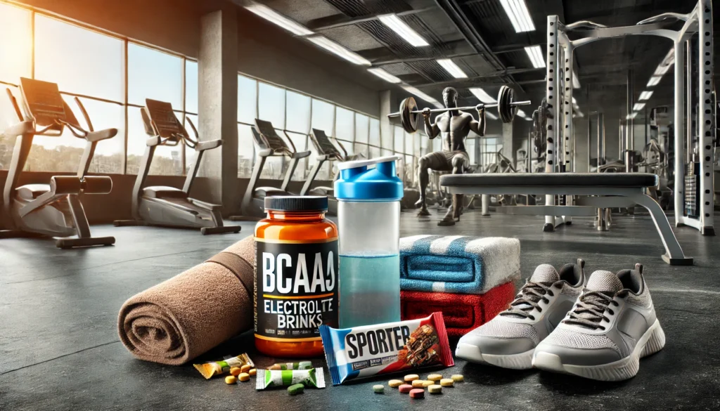 Essential Supplements for Bodybuilding: Unlock Peak Performance & Faster Recovery 3 Post-workout recovery supplements such as BCAAs, electrolyte drinks, and protein bars on a bench with a towel and water bottle in a modern fitness center