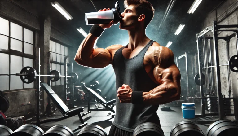 Athlete drinking a creatine shake before a workout in a gym, surrounded by weights and exercise equipment, emphasizing pre-workout supplementation