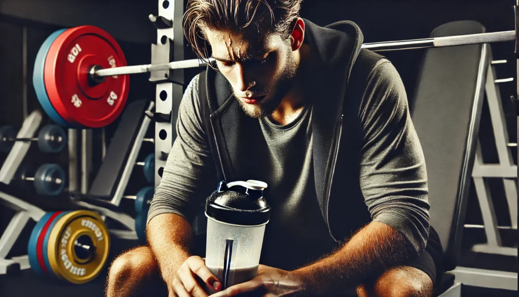 Is Creatine Better Before or After Your Workout? The Science of Athletic Recovery & Regeneration 1 Exhausted athlete recovering after a workout, holding a protein shaker with creatine powder nearby, illustrating post-workout recovery and muscle regeneration