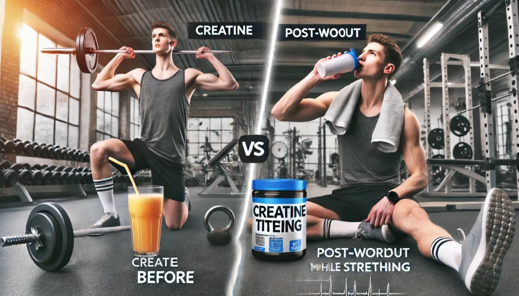 Is Creatine Better Before or After Your Workout? The Science of Athletic Recovery & Regeneration 2 Comparison of two athletes in a gym—one taking creatine before lifting weights, the other consuming it post-workout while stretching, highlighting the timing debate for optimal performance