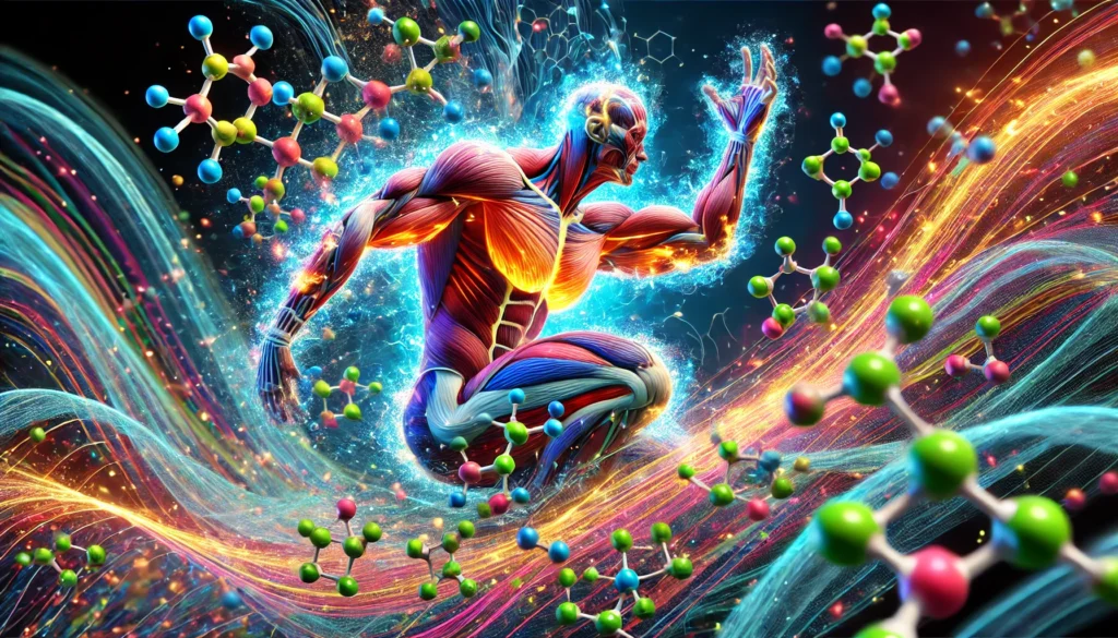 Is Creatine Better Before or After Your Workout? The Science of Athletic Recovery & Regeneration 3 Scientific visualization of muscle fiber regeneration with creatine molecules and energy flow, symbolizing athletic recovery and cellular muscle growth