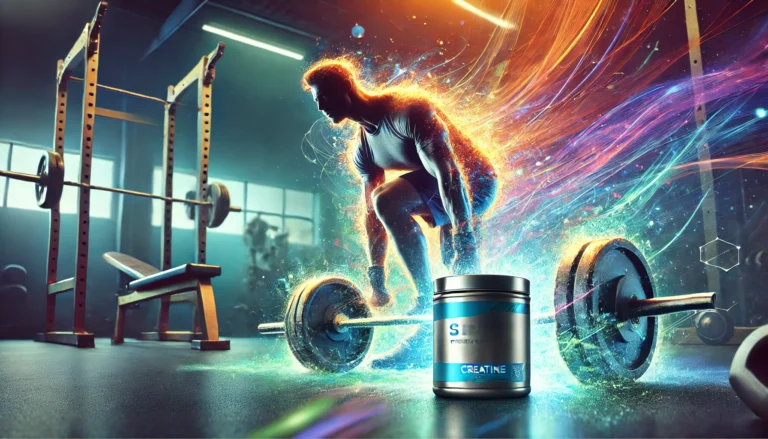 High-energy gym scene with an athlete lifting weights, dynamic motion effects, and a creatine pre-workout container subtly placed on a bench, emphasizing power, endurance, and athletic recovery