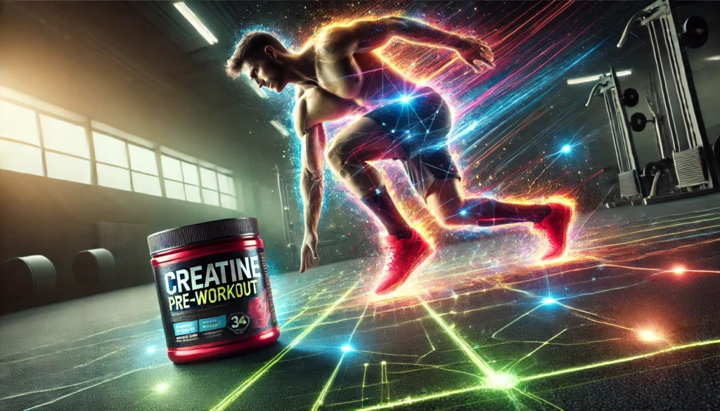 Boost Your Workout: The Best Pre Workout with Creatine for Athletic Recovery & Regeneration 1 Intense cardio workout scene featuring an athlete with vibrant motion effects and a creatine pre-workout container on a fitness mat, symbolizing energy, stamina, and athletic regeneration