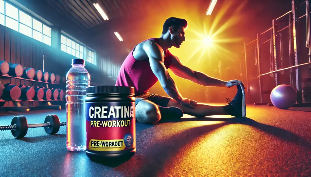 Boost Your Workout: The Best Pre Workout with Creatine for Athletic Recovery & Regeneration 2 Post-workout recovery scene with an athlete stretching and cooling down, a creatine pre-workout container near a water bottle, highlighting rejuvenation and athletic regeneration
