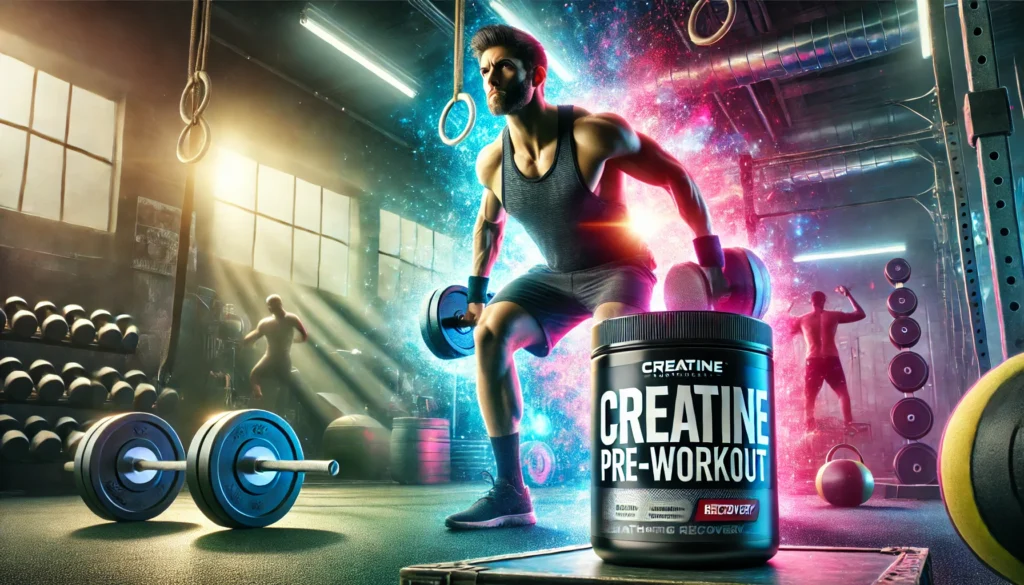 Boost Your Workout: The Best Pre Workout with Creatine for Athletic Recovery & Regeneration 3 Motivational gym scene with an athlete performing strength training, vibrant lighting, and a creatine pre-workout container subtly placed on a shelf, emphasizing power, endurance, and athletic recovery.