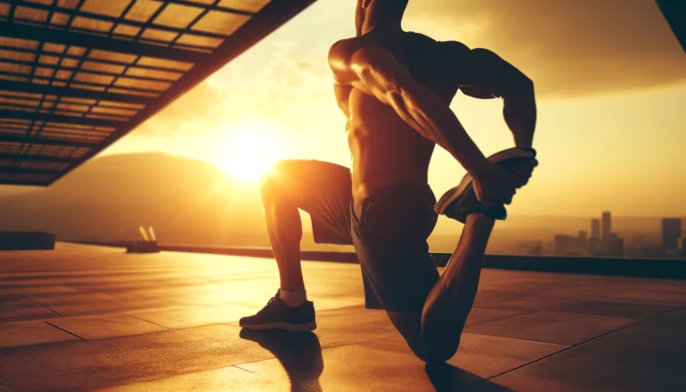 Athlete stretching against a golden sunset backdrop, emphasizing post-workout recovery and muscle relaxation
