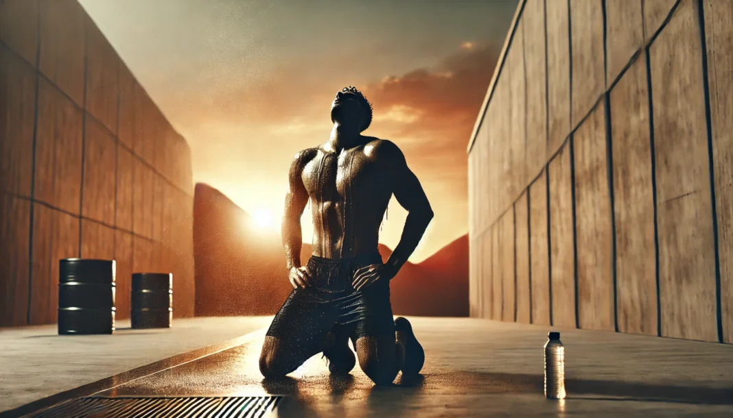 Athlete cooling down after an intense workout against a sunset backdrop, highlighting muscle definition and relaxation