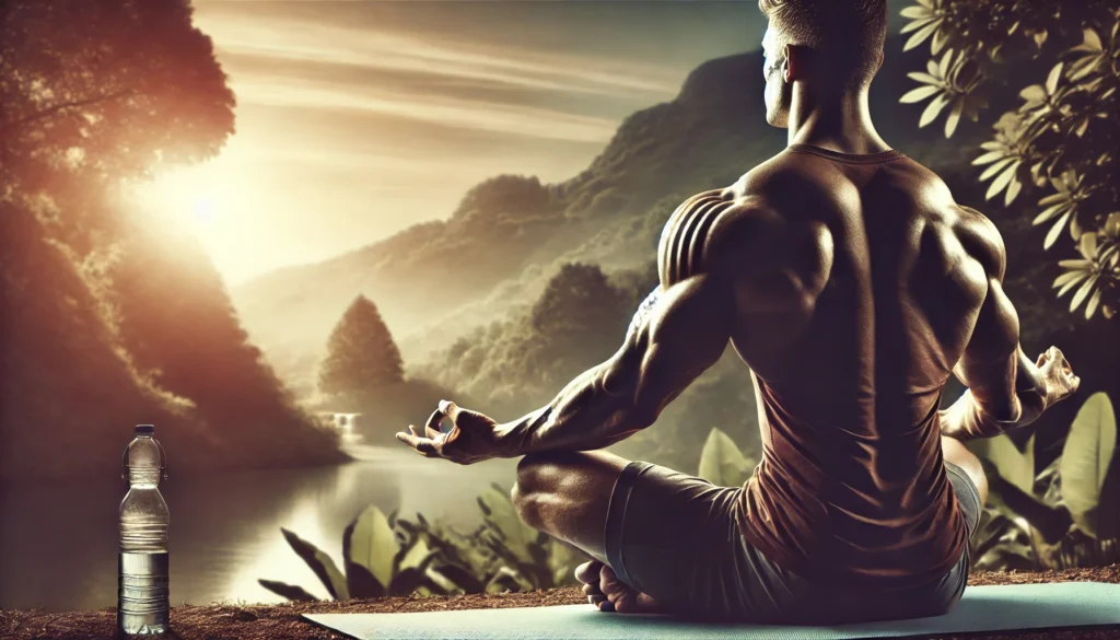 Athlete meditating in a serene outdoor setting after a vigorous workout, symbolizing recovery and mental clarity