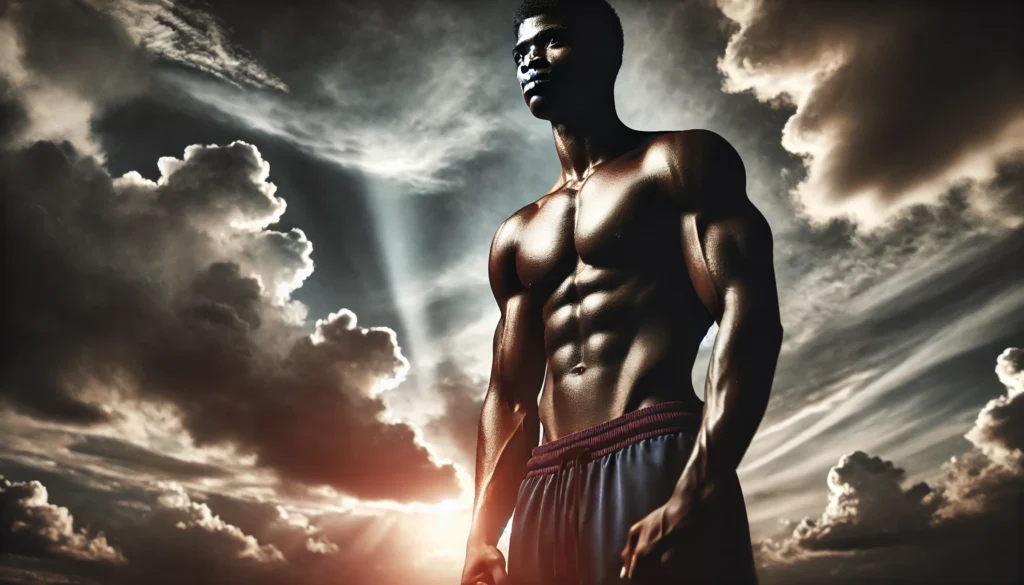 Athlete standing tall against a dramatic sky, showcasing defined muscles and a calm, reflective expression, symbolizing strength and recovery