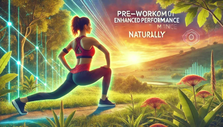Woman in athletic wear performing dynamic stretches outdoors at sunrise, surrounded by lush greenery, symbolizing natural pre-workout preparation and enhanced performance