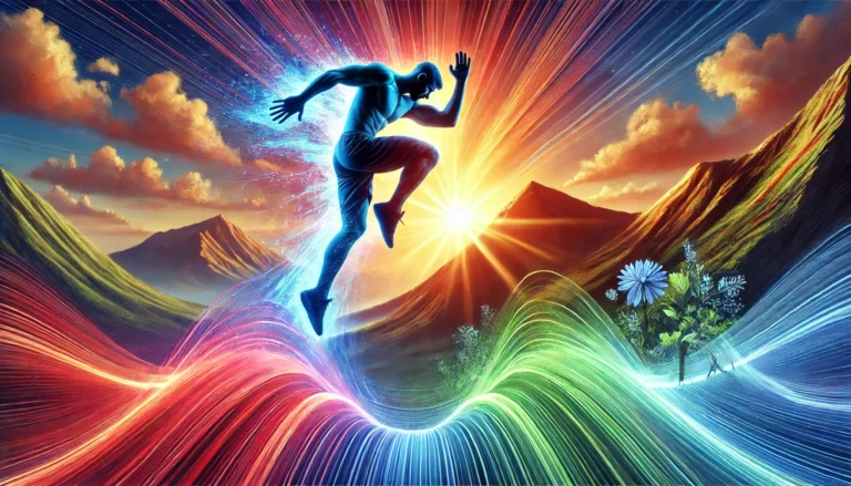 Athlete performing a powerful jump surrounded by vibrant energy waves, symbolizing athletic recovery and vitality, with a scenic sunrise over mountains in the background