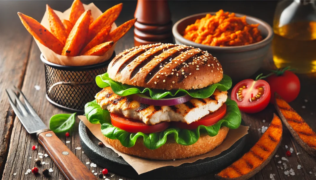 Grilled chicken sandwich with whole grain bun, fresh lettuce, tomato slices, and a side of sweet potato fries – ideal protein-packed fast food for post-workout recovery