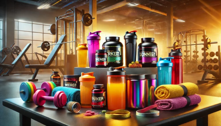 A vibrant display of pre-workout supplements on a gym bench with energy drinks, shaker bottles, and fitness accessories in a modern gym setting, symbolizing performance enhancement and athletic recovery