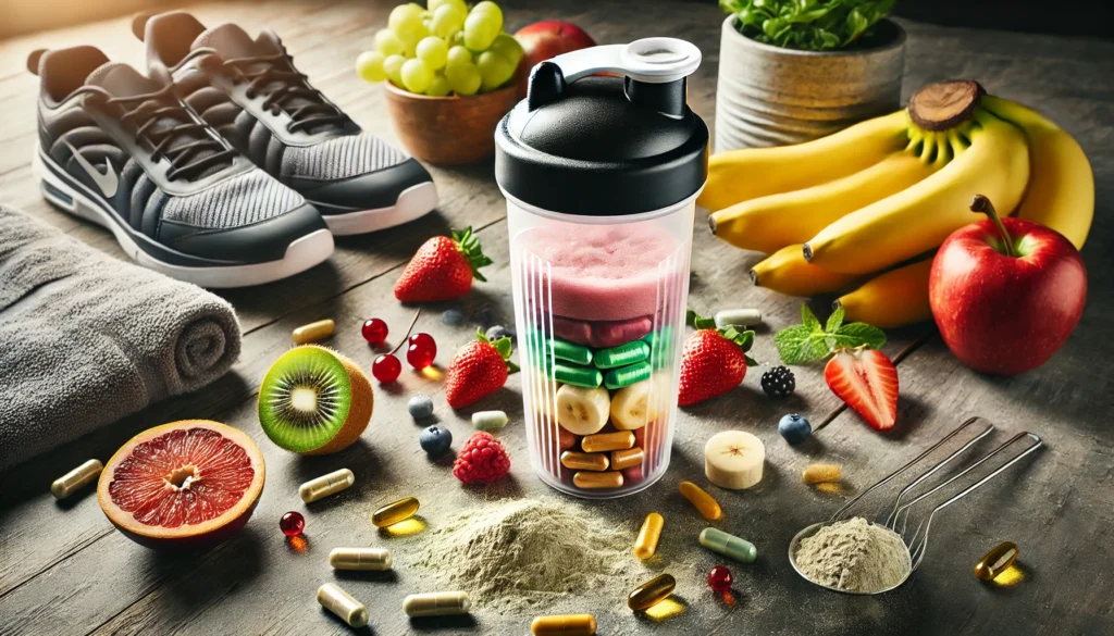 Top Rated Pre Workout Supplements for Optimal Athletic Recovery & Performance Enhancement 1 Close-up of pre-workout supplement powders and capsules with fresh fruits and a shaker bottle, representing natural energy and optimal recovery, surrounded by gym gear and athletic shoes