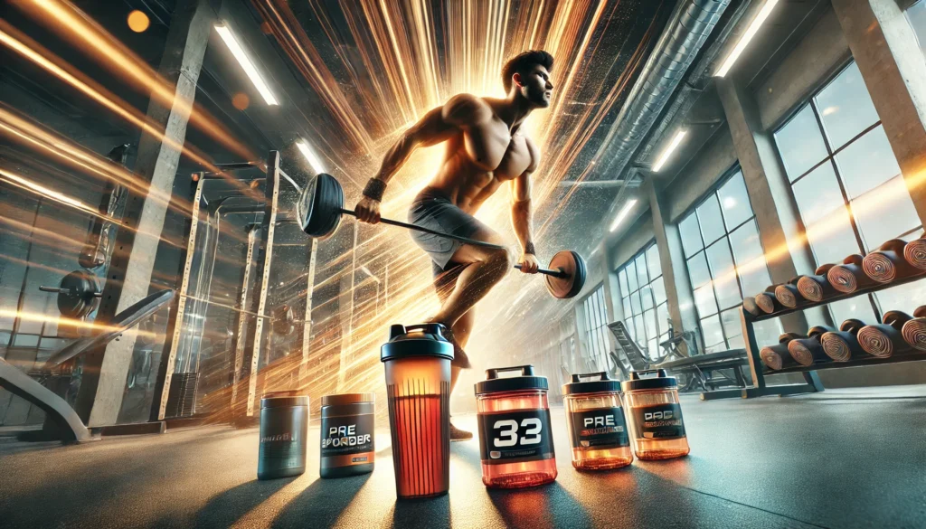 Top Rated Pre Workout Supplements for Optimal Athletic Recovery & Performance Enhancement 2 Dynamic action shot of an athlete lifting weights in a modern gym with pre-workout supplements arranged nearby, capturing intensity, focus, and performance enhancement.