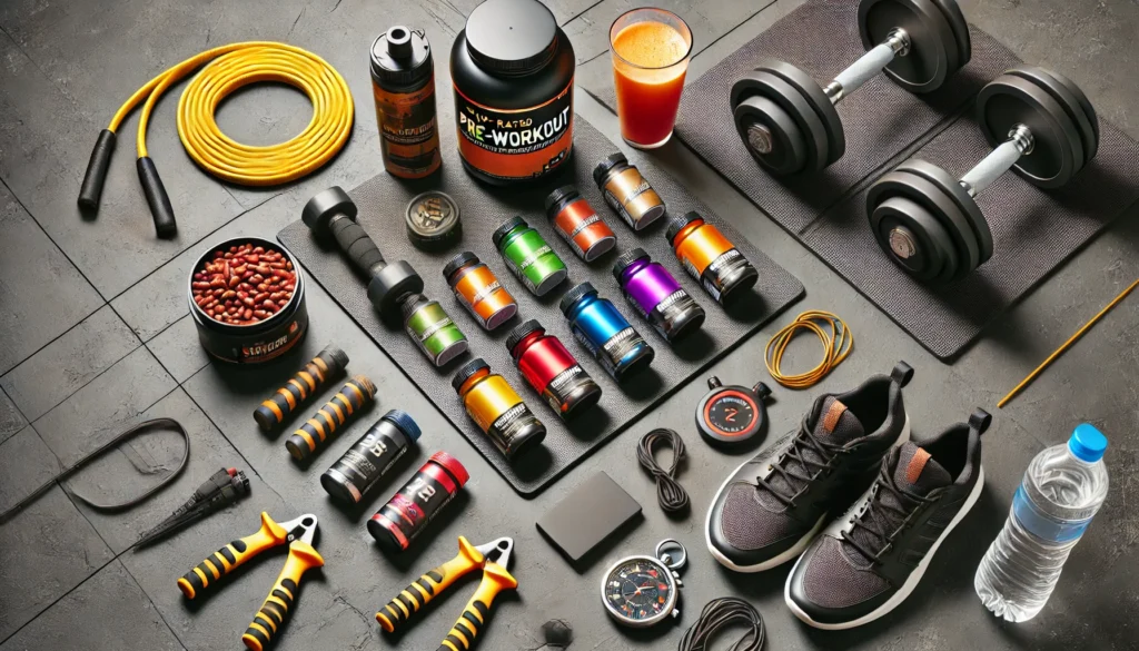 Top Rated Pre Workout Supplements for Optimal Athletic Recovery & Performance Enhancement 3 Flat lay of top-rated pre-workout supplements, including powders, capsules, and energy drinks, organized with fitness accessories on a gym mat, symbolizing preparation and athletic performance