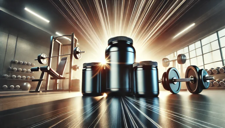 High-quality sports supplements in sleek containers on a modern gym surface with workout equipment, symbolizing athletic recovery and peak performance
