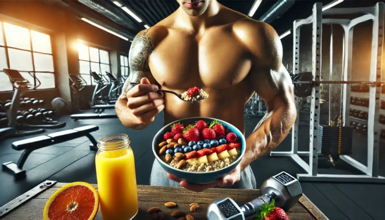 Fitness enthusiast enjoying a bowl of oatmeal topped with fresh fruits and nuts after an intense workout, with gym equipment subtly visible in the background, highlighting the importance of carbs for post-workout recovery and peak performance