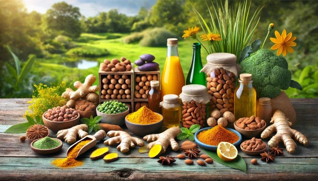 What Supplement Helps Reduce Lactic Acid? Top Solutions for Faster Athletic Recovery 1 Artistic display of anti-inflammatory foods such as turmeric, ginger, and omega-3 rich nuts on a rustic wooden table with a green outdoor setting, evoking natural healing and recovery