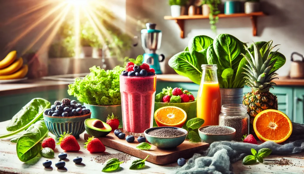 What Supplement Helps Reduce Lactic Acid? Top Solutions for Faster Athletic Recovery 2 Vibrant smoothie preparation with antioxidant-rich ingredients like berries, leafy greens, and chia seeds in a bright, modern kitchen with sunlight streaming in, conveying health and athletic recovery