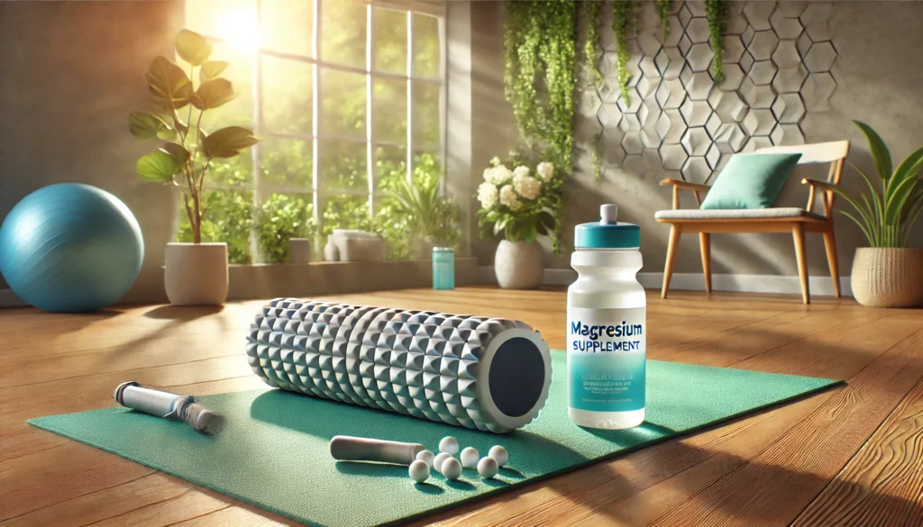 What Supplement Helps Reduce Lactic Acid? Top Solutions for Faster Athletic Recovery 3 Serene post-workout recovery scene with a foam roller, water bottle, and magnesium supplement capsules on a yoga mat in a sunlit room with greenery, symbolizing relaxation and muscle recovery.