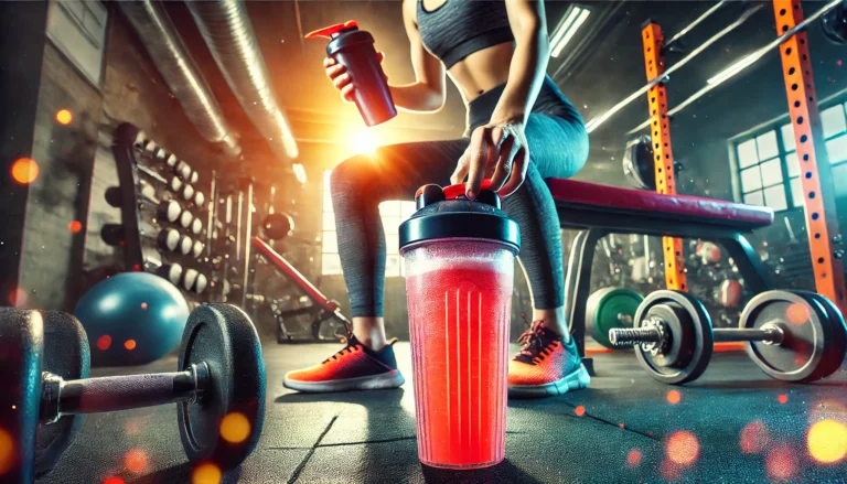 Athlete holding a vibrant pre-workout drink in a gym setting with equipment in the background, symbolizing energy and workout readiness