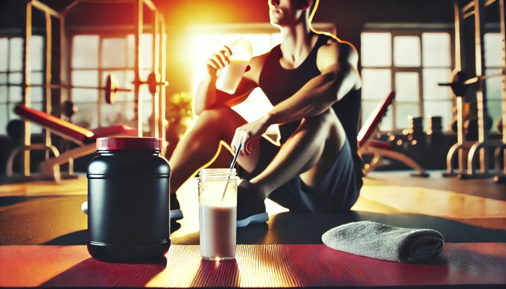 Pre Workout vs Protein Powder: Which is Better for Athletic Recovery & Regeneration? 1 Person relaxing post-workout with a protein shake, emphasizing recovery and muscle regeneration in a gym environment