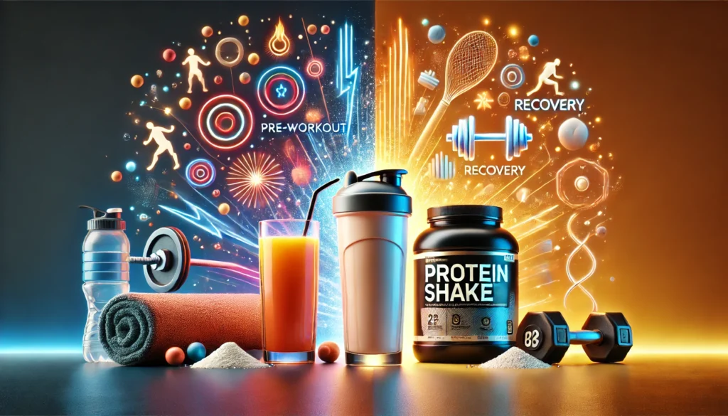 Pre Workout vs Protein Powder: Which is Better for Athletic Recovery & Regeneration? 2 Visual comparison of pre-workout drink and protein shake, contrasting energy and readiness versus recovery and muscle repair