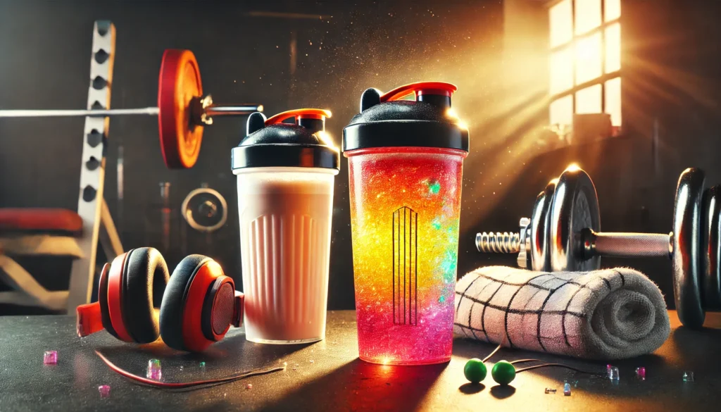 Pre Workout vs Protein Powder: Which is Better for Athletic Recovery & Regeneration? 3 Close-up of two shaker bottles on a gym bench – one with colorful pre-workout and the other with a creamy protein shake, highlighting energizing effects versus muscle recovery
