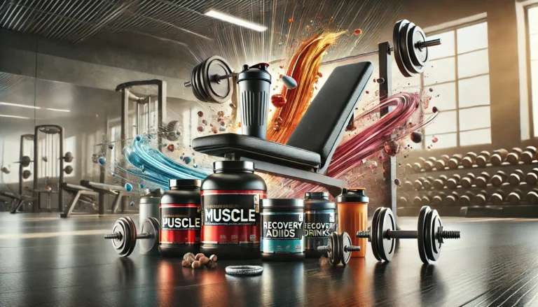 High-quality muscle supplements, including protein powder and amino acids, arranged on a gym bench with dumbbells and a shaker bottle nearby, set against a modern gym environment, emphasizing peak athletic performance and recovery