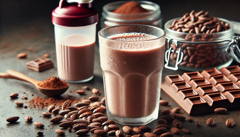 Refreshing glass of chocolate milk with condensation and cacao beans, ideal post-run recovery drink for athletic regeneration