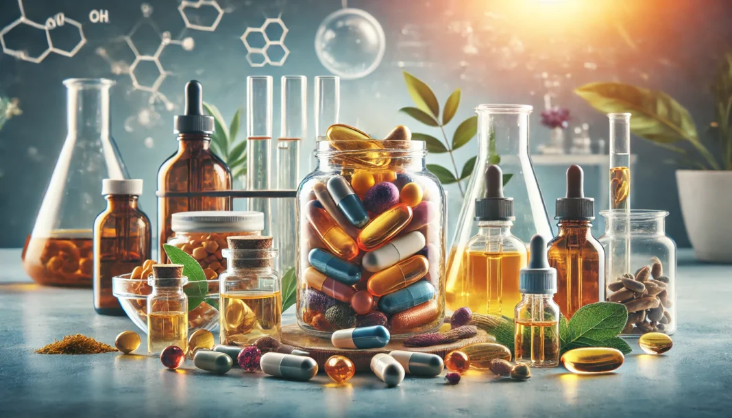 A collection of bioavailable supplements including capsules, soft gels, and liquid droppers filled with vibrant nutrients like turmeric, omega-3 oil, and green tea extract. The background features a softly blurred laboratory setting with scientific glassware, emphasizing supplement testing and quality assessment.