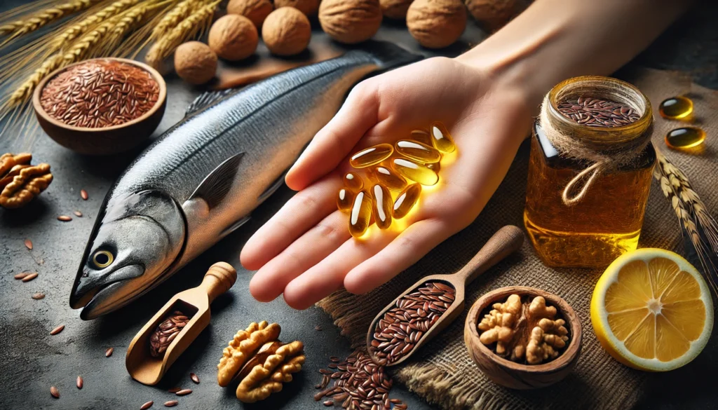 Supplement Reviews: Uncovering the Most Bioavailable Nutrients for Optimal Health 1 A close-up of a hand holding a golden omega-3 soft gel, with fresh fish, flaxseeds, and walnuts in the background, symbolizing natural sources of bioavailable nutrients. The image highlights the purity and potency of high-quality supplements